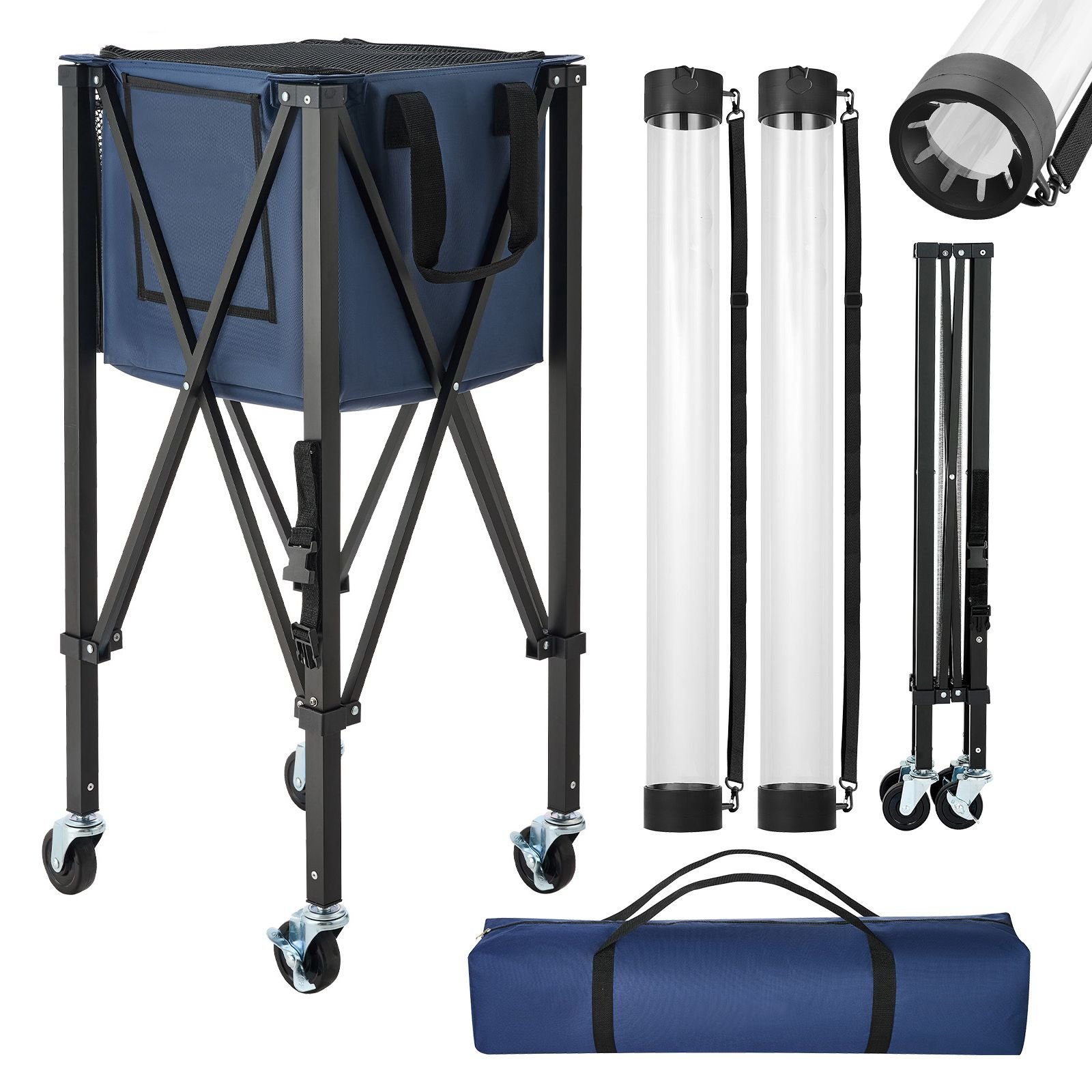 2 in 1 tennis & pickleball hopper, with pickup tube, foldable pickleball basket cart with with wheels, holds 150 tennis balls or 260 pickleballs, portable pickleball caddy holder, for training