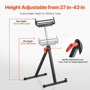 2 pack roller stands, 250 lbs load capacity, 27 43 in adjustable height, folding heavy duty with polished steel roller head & edge guides, for table saw outfeed woodworking extension support