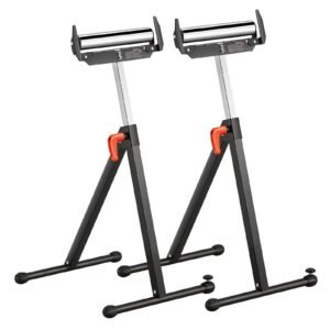 2-Pack Roller Stands, 250 lbs Load Capacity, 27-43 in Adjustable Height, Folding Heavy Duty with Polished Steel Roller Head & Edge Guides, for Table Saw Outfeed Woodworking Extension Support