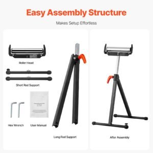 2 pack roller stands, 250 lbs load capacity, 27 43 in adjustable height, folding heavy duty with polished steel roller head & edge guides, for table saw outfeed woodworking extension support