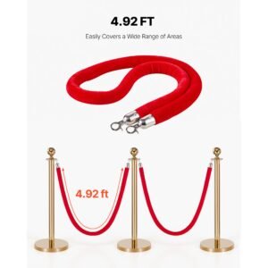 2 pcs red velvet stanchion ropes, 5 ft crowd control stanchion red velvet ropes with silver hooks, post queue barrier carpet rope for carpet events movie theaters grand openings hotels party