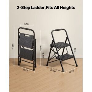 2 step ladder, folding step stool with wide anti slip pedal and comfort handgrip, lightweight 600 lbs capacity portable steel ladder, multi use for kitchen, home, household and office, black