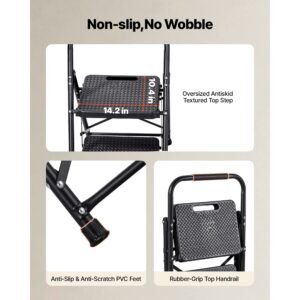 2 step ladder, folding step stool with wide anti slip pedal and comfort handgrip, lightweight 600 lbs capacity portable steel ladder, multi use for kitchen, home, household and office, black