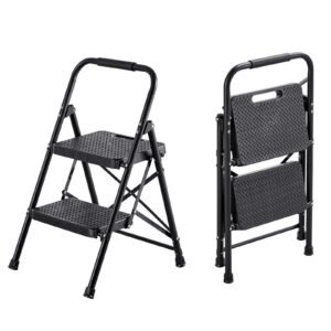 2 Step Ladder, Folding Step Stool with Wide Anti-Slip Pedal and Comfort Handgrip, Lightweight 600 lbs Capacity Portable Steel Ladder, Multi-Use for Kitchen, Home, Household and Office, Black