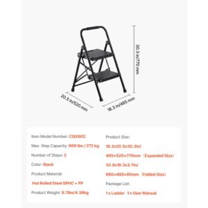 2 step ladder, folding step stool with wide anti slip pedal and comfort handgrip, lightweight 600 lbs capacity portable steel ladder, multi use for kitchen, home, household and office, black