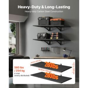 2 tier heavy duty wall garage shelving, 1.64 x 4 ft steel wall mounted shelving unit, 19.68 x 48 inch per shelf floating storage metal rack for garage with 560 lbs total weight capacity, black