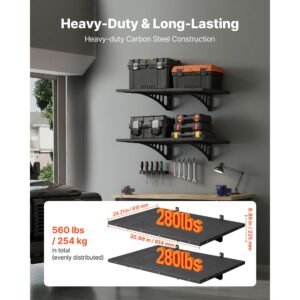 2 tier heavy duty wall garage shelving, 2 x 3 ft steel wall mounted shelving unit, 12 x 72 inch per shelf floating storage metal rack for garage with 560 lbs total weight capacity, black