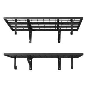 2-Tier Heavy Duty Wall Garage Shelving, 2 x 3 ft Steel Wall Mounted Shelving Unit with Hooks, 24 x 36 Inch Per Shelf Floating Storage Metal Rack for Garage, 500 lbs Total Weight Capacity, Black