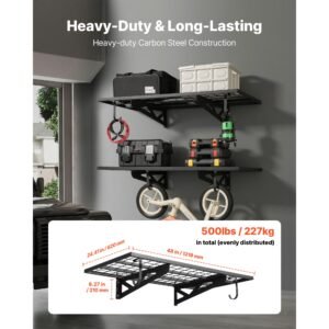 2 tier heavy duty wall garage shelving, 2 x 4 ft steel wall mounted shelving unit with hooks, 24 x 48 inch per shelf floating storage metal rack for garage, 500 lbs total weight capacity, black