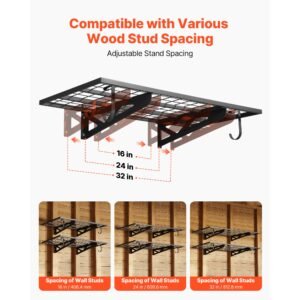 2 tier heavy duty wall garage shelving, 2 x 4 ft steel wall mounted shelving unit with hooks, 24 x 48 inch per shelf floating storage metal rack for garage, 500 lbs total weight capacity, black