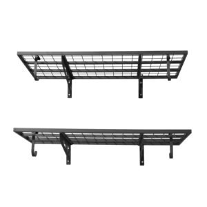2-Tier Heavy Duty Wall Garage Shelving, 2 x 4 ft Steel Wall Mounted Shelving Unit with Hooks, 24 x 48 Inch Per Shelf Floating Storage Metal Rack for Garage, 500 lbs Total Weight Capacity, Black