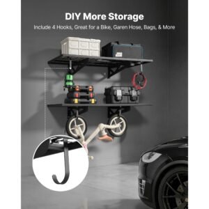2 tier heavy duty wall garage shelving, 2 x 4 ft steel wall mounted shelving unit with hooks, 24 x 48 inch per shelf floating storage metal rack for garage, 500 lbs total weight capacity, black
