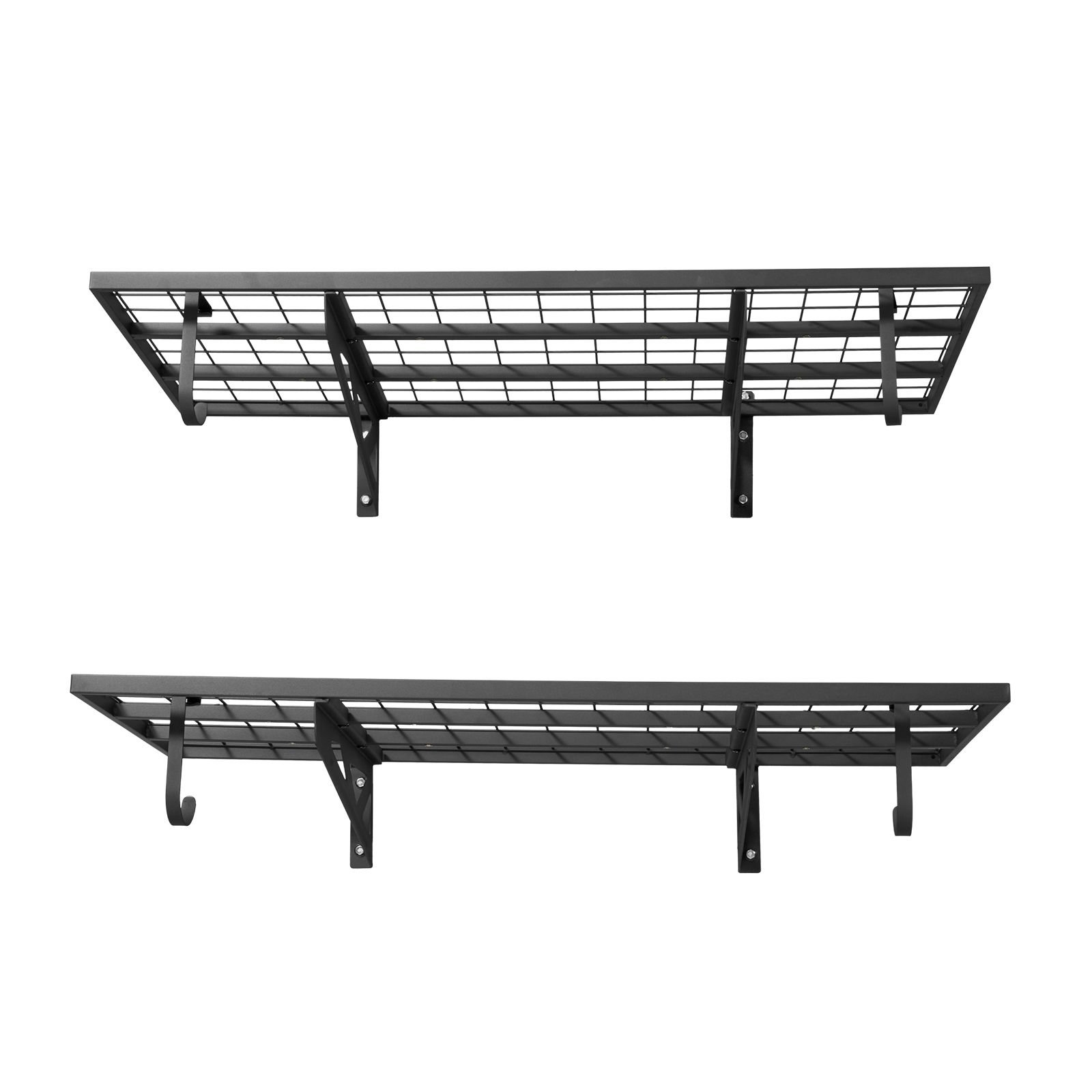 2 tier heavy duty wall garage shelving, 2 x 4 ft steel wall mounted shelving unit with hooks, 24 x 48 inch per shelf floating storage metal rack for garage, 500 lbs total weight capacity, black