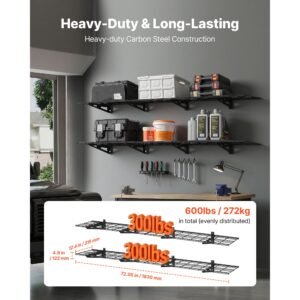 2 tier heavy duty wall garage shelving, 4 pack 1 x 3 ft steel wall mounted shelving unit, 12 x 72 inch per shelf floating storage metal rack for garage with 600 lbs total weight capacity, black