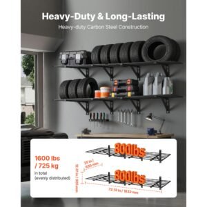 2 tier heavy duty wall garage shelving, 4 pack 2 x 3 ft steel wall mounted shelving unit, 24 x 72 inch per shelf floating storage metal rack for garage, 1600 lbs total weight capacity, black