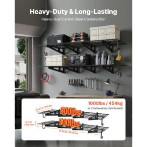 2 tier heavy duty wall garage shelving, 8 pack 1 x 3 ft steel wall mounted shelving unit with hooks, 24 x 72 inch per shelf floating storage metal rack, 1000 lbs total weight capacity, black