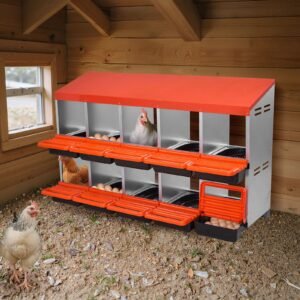 2 tiers chicken nesting boxes, 10 compartments, metal egg laying boxes with protective collection lids, roll out nesting box, easy to assemble, ideal for hens, ducks, chickens, and other poultry
