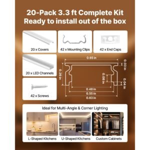 20 pack 3.3 ft/1m u shape led aluminum channel, with milky cover, end caps and mounting clips, aluminum profile for led strip light installations, easy installation, for under cabinet counter