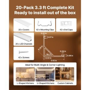 20 pack 3.3 ft/1m v shape led aluminum channel, with milky cover, end caps and mounting clips, aluminum profile for led strip light installations, easy installation, for under cabinet counter