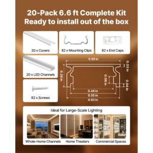 20 pack 6.6 ft/2m u shape led aluminum channel, with milky cover, end caps and mounting clips, aluminum profile for led strip light installations, easy installation, for under cabinet counter
