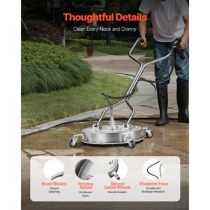 20" pressure washer surface cleaner, stainless steel pressure washer attachments with 4 wheels, 4500 max psi, 3/8 quick connector, 2 spray nozzles, dual handle, for concrete, patio, sidewalk