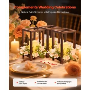 20 set/60 pcs wooden wedding lantern centerpiece, includes 20 wooden lantern candle holder 20 flameless led candle 20 champagne flower wreath for wedding table party farmhouse decor, brown