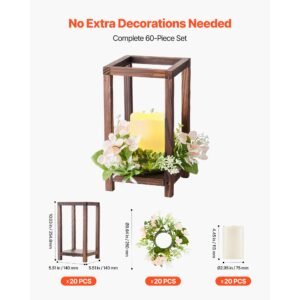 20 set/60 pcs wooden wedding lantern centerpiece, includes 20 wooden lantern candle holder 20 flameless led candle 20 champagne flower wreath for wedding table party farmhouse decor, brown