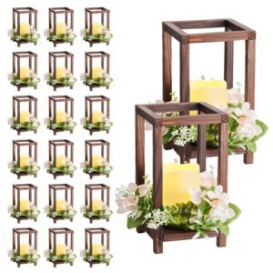 20 Set/60 Pcs Wooden Wedding Lantern Centerpiece, Includes 20 Wooden Lantern Candle Holder 20 Flameless LED Candle 20 Champagne Flower Wreath for Wedding Table Party Farmhouse Decor, Brown