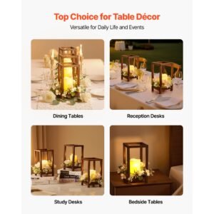 20 set/60 pcs wooden wedding lantern centerpiece, includes 20 wooden lantern candle holder 20 flameless led candle 20 champagne flower wreath for wedding table party farmhouse decor, brown
