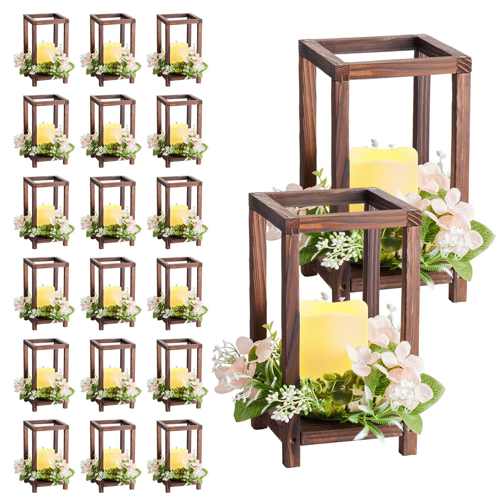20 set/60 pcs wooden wedding lantern centerpiece, includes 20 wooden lantern candle holder 20 flameless led candle 20 champagne flower wreath for wedding table party farmhouse decor, brown