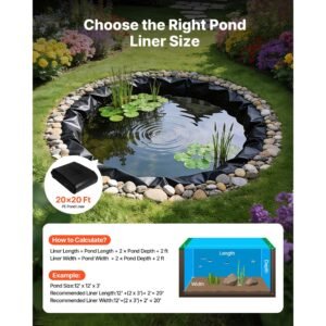 20 x 20 ft pond liner, 14 mil thickness, 3 layer reinforced pe fish koi pond liner for outdoor ponds, with hemmed edge and 4 metal buttonholes, for water garden, waterfall, and fountains, black