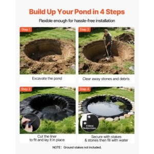 20 x 20 ft pond liner, 14 mil thickness, 3 layer reinforced pe fish koi pond liner for outdoor ponds, with hemmed edge and 4 metal buttonholes, for water garden, waterfall, and fountains, black