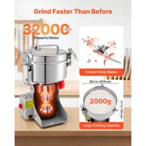 2000g electric grain mill grinder, 3400w 32000rpm high speed spice corn dry grinding machine, stainless steel pulverizer powder machine for dried grains coffee beans spices nuts (270° swing type)