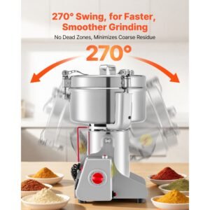 2000g electric grain mill grinder, 3400w 32000rpm high speed spice corn dry grinding machine, stainless steel pulverizer powder machine for dried grains coffee beans spices nuts (270° swing type)