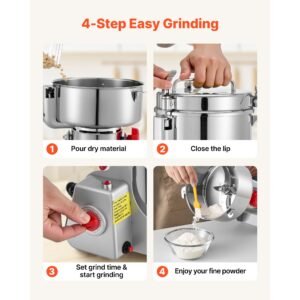 2000g electric grain mill grinder, 3400w 32000rpm high speed spice corn dry grinding machine, stainless steel pulverizer powder machine for dried grains coffee beans spices nuts (270° swing type)