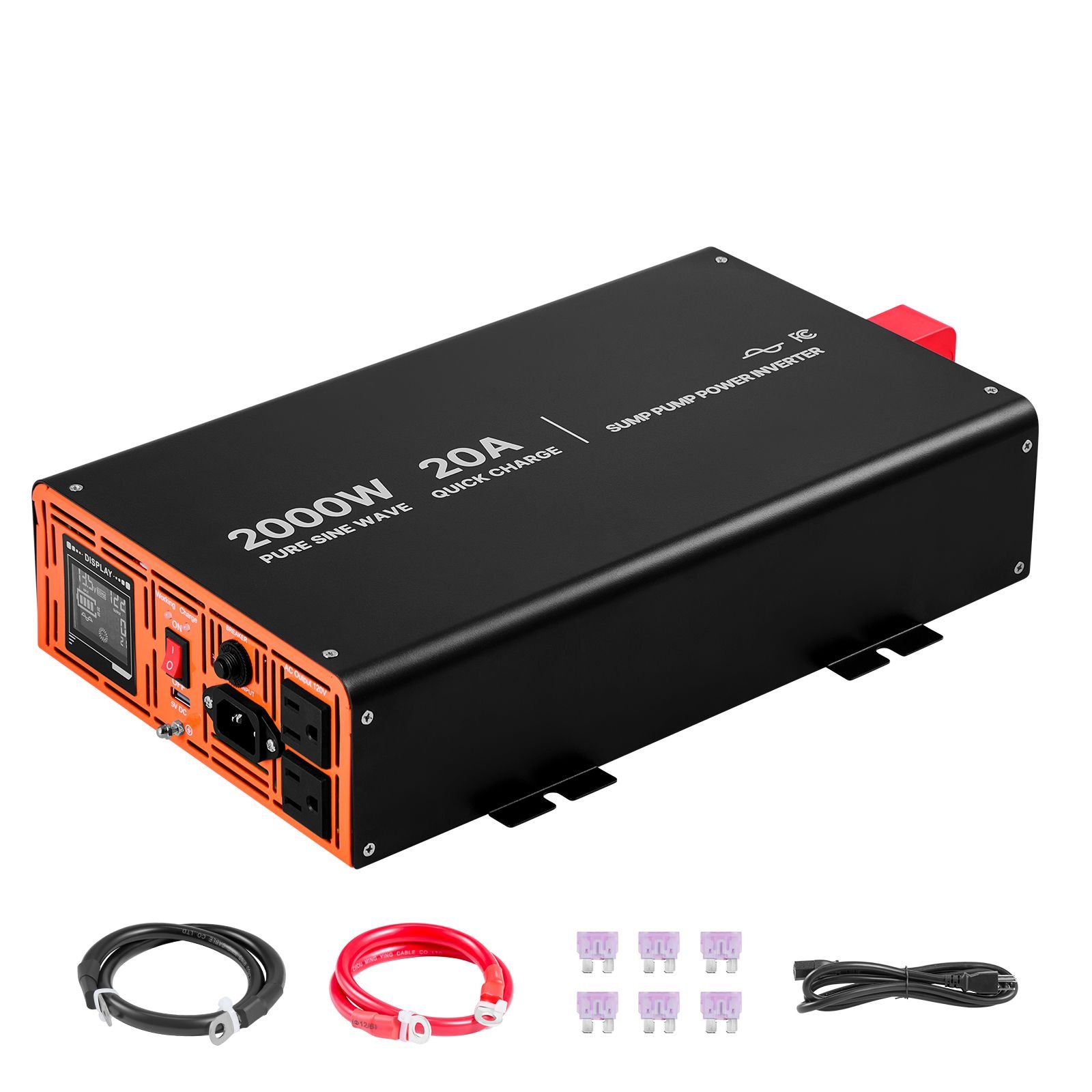 2000w sump pump battery backup system, lcd display, auto switches to battery inverter power for sump pump, pure sine wave, for basement protection emergency power outage, batteries not included