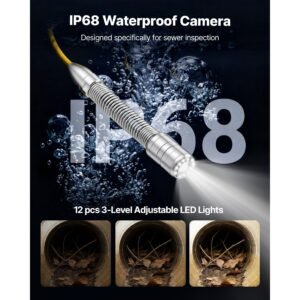 2026 upgraded sewer camera with wifi, 98.4ft/30m drain pipeline camera, ip68 snake plumbing cameras with light 12 leds, wireless wifi connectivity to phone/tablet for sewer duct pipe inspection