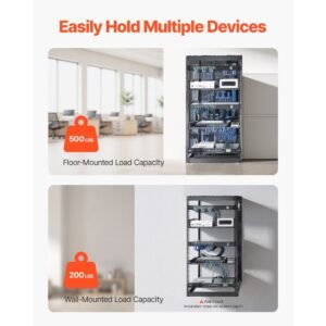 20u open frame network rack, 23 in depth, wall mounted or floor standing server rack, heavy duty 4 post, with vented shelves & mounting hardware, holds all your networking it equipment av gear