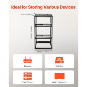 20u open frame network rack, 23 in depth, wall mounted or floor standing server rack, heavy duty 4 post, with vented shelves & mounting hardware, holds all your networking it equipment av gear