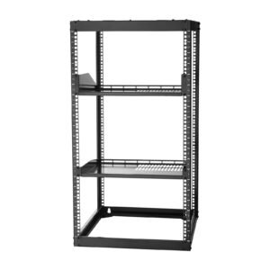 20U Open Frame Network Rack, 23 in Depth, Wall Mounted or Floor Standing Server Rack, Heavy Duty 4 Post, with Vented Shelves & Mounting Hardware, Holds All Your Networking IT Equipment AV Gear