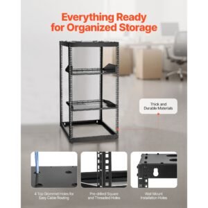 20u open frame network rack, 23 in depth, wall mounted or floor standing server rack, heavy duty 4 post, with vented shelves & mounting hardware, holds all your networking it equipment av gear