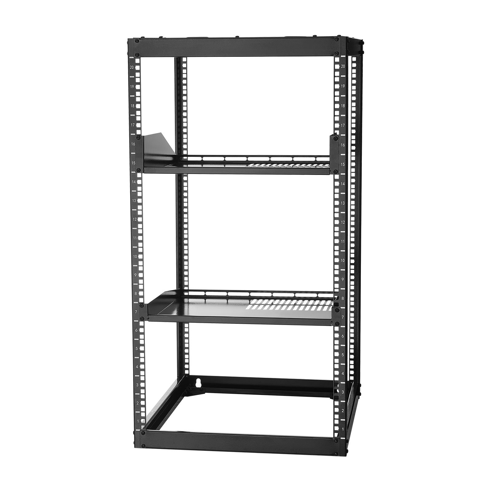 20u open frame network rack, 23 in depth, wall mounted or floor standing server rack, heavy duty 4 post, with vented shelves & mounting hardware, holds all your networking it equipment av gear