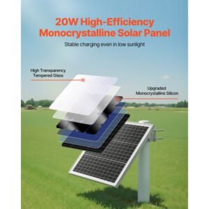 20w 12v solar panel battery charger, solar battery trickle charger maintainer with built in controller & 0 60° adjustable pole mount bracket, ip67 for gate fence farm lawn (fit 1.5" 3" poles)
