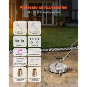 21" pressure washer surface cleaner, stainless steel pressure washer attachments with 4 wheels, 4500 max psi, 3/8 quick connector, 2 spray nozzles, dual handle, for concrete, patio, sidewalk
