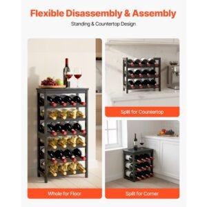 24 bottle detachable wine rack, 6 tier wine bottle holder, freestanding floor display wine storage shelves with table top, for kitchen,cellar,bar,dining room,living room, black