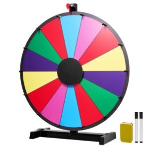 24 in Spinning Prize Wheel, 14 Slots Spinning Wheel with Stand, Tabletop Win Fortune Roulette with a Dry Erase and 2 Markers, 6 Colors, Easy Assembly, for Party Pub Trade Show Carnival Events