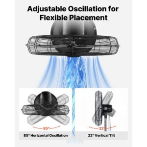 24 inch high velocity pedestal fan, 6800 cfm industrial standing floor fan with 85° oscillating, 3 speed adjustable height, ip44 waterproof, carbon steel for commercial, garage, workshop, black