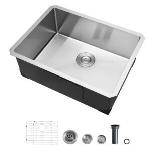 24-inch Kitchen Undermount Single Bowl Sinks, Stainless Steel Drop-In Farmhouse Basin with Accessories, Household Dishwasher Sinks for RV, Prep Kitchen, Laundry Room, Bar