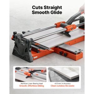 24 inch manual tile cutter, upgraded sliding head cutting tool with spring loaded base, angle fence, tungsten carbide cutting wheel, alignment guide, for diy pros, ceramic, floor, wall tiles