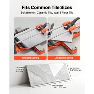 24 inch manual tile cutter, upgraded sliding head cutting tool with spring loaded base, angle fence, tungsten carbide cutting wheel, alignment guide, for diy pros, ceramic, floor, wall tiles